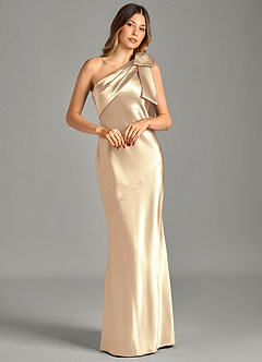 Azazie Yuanna Bridesmaid Dresses Gold Mermaid One Shoulder Metallic Satin Dress image3