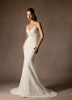 Azazie Lianna Wedding Dresses Diamond White Champagne Mermaid Lace Dress image3