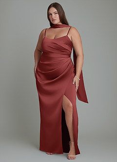 Azazie Calandra Vestidos de damas de honor Vestido Terracota de Satén Elástico de Corte Recto con Plisado image6