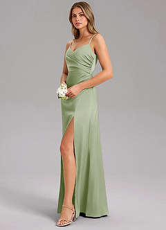 Azazie Azuree At-home Try On Dresses Dusty Sage A-Line Pleated Stretch Satin Dress image4
