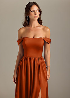 Azazie Calianna Bridesmaid Dresses Burnt Orange A-Line Off the Shoulder Stretch Satin Convertible Dress image4