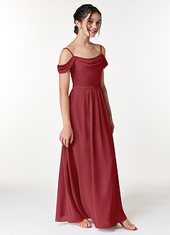 Azazie Alivia Junior Pomegranate A-Line Off the Shoulder Chiffon Dress image3