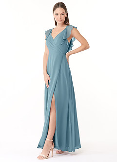 Azazie Yoko Bridesmaid Dresses Moody Blue A-Line Ruched Chiffon Dress image3