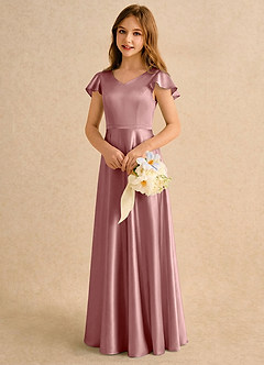 Azazie Nari Girls Formal Robe Demoiselle D'honneur Fillette Robe Trapèze en Satin extensible avec manches Rose Poussiéreuse image4