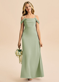Azazie Lettie Junior Dusty Sage A-Line Off the Shoulder Stretch Satin Dress image2