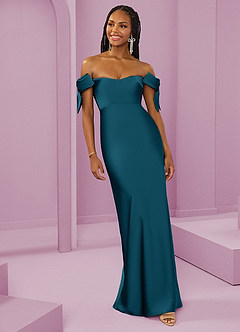 Barbie ♥ Azazie Bridesmaid Dresses Ink Blue Sheath Off the Shoulder Stretch Satin Convertible Dress image4