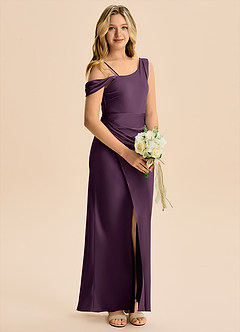 Azazie Madelyn Junior Plum Sheath Off the Shoulder Stretch Satin Dress image4