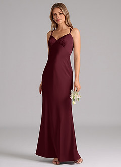 Azazie Suttona Vestidos de damas de honor Vestido de Cabernet de Satén Elástico de Corte en A con Plisado image4