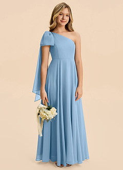 Azazie Averie Junior Vestido de Azul Acero de Gasa de Corte en A con Plisado image6