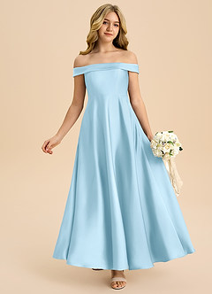 Azazie Sissy Junior Sky Blue A-Line Off the Shoulder Stretch Satin Dress image1
