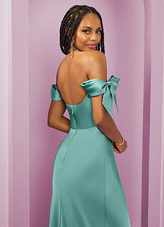 Barbie ♥ Azazie Bridesmaid Dresses Aqua Sheath Off the Shoulder Stretch Satin Convertible Dress image2