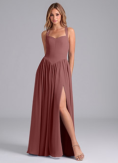 Azazie Francis Robes de demoiselle d'honneur Robe Trapèze en Mousseline de soie Corset Rose Du Désert image3