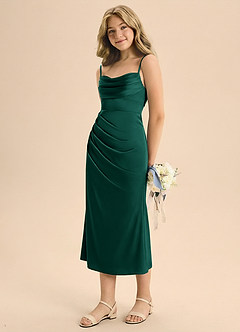 Azazie Mai Junior 쉬스 주름진 스트레치 새틴 티 길이 주니어 신부 들러리 드레스 image1