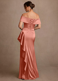 Azazie Kirsty Mother of the Bride Dresses Salmon Pink Sheath Off the Shoulder Stretch Satin Dress image2