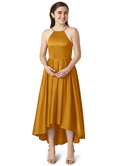Azazie Jemima Junior A-Linie mit Taschen Stretch-Satin Kleid Butterscotch image4