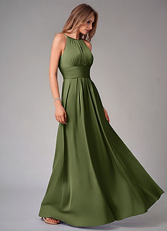Azazie Bonnie Bridesmaid Dresses Olive A-Line Pleated Stretch Satin Dress image4