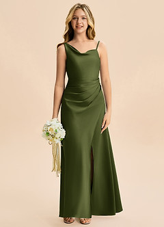 Azazie Abby Junior Olive A-Line Pleated Stretch Satin Dress image4
