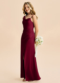 Azazie Abby Junior Burgundy Sheath Pleated Stretch Satin Dress image3