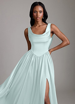 Azazie Novi At-home Try On Dresses Sky Blue A-Line with Pockets Stretch Satin Dress image3