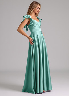 Azazie Leilani Bridesmaid Dresses Aqua A-Line Ruched Stretch Satin Dress image6