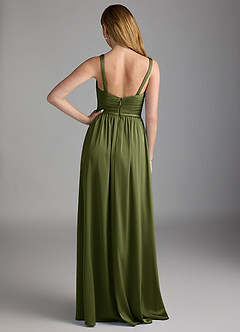 Azazie Chanel Bridesmaid Dresses Olive A-Line Pleated Stretch Satin Dress image2