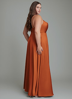 Azazie Sarella Bridesmaid Dresses Cinnamon A-Line Pleated Stretch Satin Dress image7