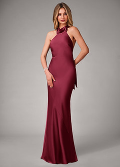 Azazie Velli Robes de demoiselle d'honneur Robe Sirène en Satin extensible Col haut Bourgogne image3