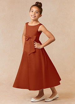 Azazie Lindy Flower Girl Dresses Paprika A-Line Pleated Matte Satin Dress image1