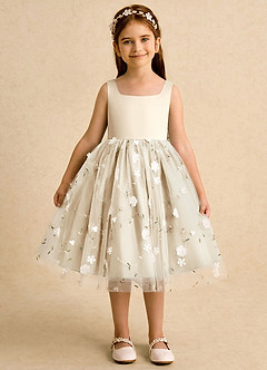 Azazie Bean vestidos de niña de las flores Vestido de Champán de Tul de Corte Princesa con Lazo image1