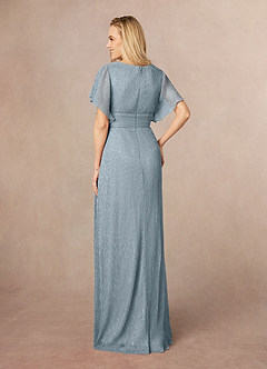 Azazie Kathryn Mother of the Bride Dresses Dusty Blue A-Line V-Neck Flutter Sleeve Metallic Mesh Dress image3