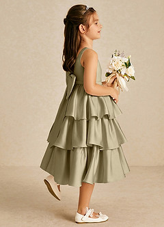 Azazie Margery vestidos de niña de las flores Vestido de Musgo Verde de Satén Elástico de Corte En A con Lazo image5