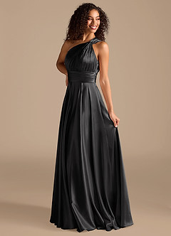 Azazie Charlize Bridesmaid Dresses Black A-Line One Shoulder Metallic Satin Dress image5
