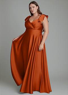 Azazie Leilani Bridesmaid Dresses Burnt Orange A-Line Ruched Stretch Satin Dress image4