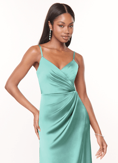 Azazie Maci Bridesmaid Dresses Aqua A-Line V-Neck Pleated Stretch Satin Dress image5