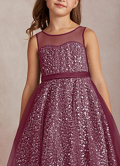 Azazie Siwa Robe Demoiselle D'honneur Fillette Robe Trapèze en Tulle Perlé Mûre image4