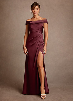 Azazie Bedford Mother of the Bride Dresses Cabernet Sheath Pleated Stretch Satin Dress image1