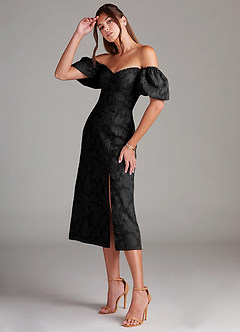 Azazie Evalina Bridesmaid Dresses Black Sheath Floral Burnout Dress image4