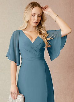 Azazie Cierra Brautjungfernkleider A-Linie V-Hals Chiffon Kleid Bermudablau image6
