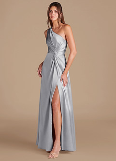 Azazie Brooke Bridesmaid Dresses Silver A-Line One Shoulder Metallic Satin Dress image4