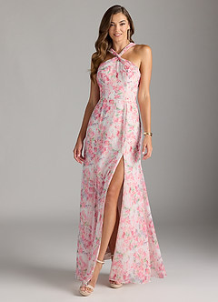 Azazie Rue Bridesmaid Dresses Abstract Watercolor Floral A-Line Halter Chiffon Dress image3