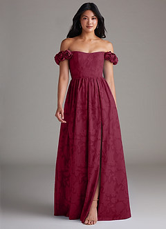 Azazie Autumn Robes de demoiselle d'honneur Robe Trapèze Convertible en Blumen-Burnout Épaule décolletée Bourgogne image1