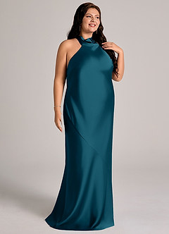Azazie Velli Bridesmaid Dresses Ink Blue Mermaid High Neck Stretch Satin Dress image12