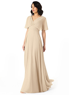 Azazie Pamela Bridesmaid Dresses Champagne A-Line V-Neck Pleated Chiffon Dress image3