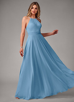 Azazie Amalia Bridesmaid Dresses Steel Blue A-Line Pleated Chiffon Dress image4