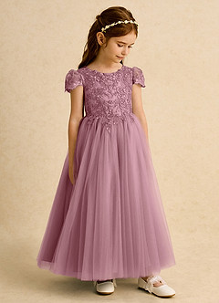 Azazie Puff Flower Girl Dresses Vintage Mauve Ball-Gown Lace Tulle Dress image4