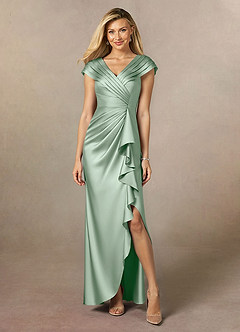 Azazie Anderson Mother of the Bride Dresses Agave A-Line Pleated Stretch Satin Dress image1