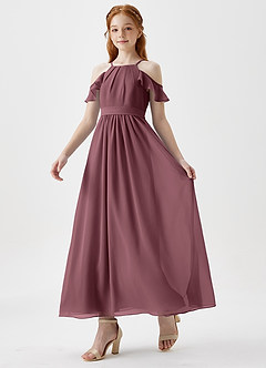 Azazie Chaya Junior Robe Trapèze en Mousseline de soie Épaule décolletée Sangria image5