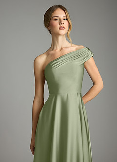 Azazie Melanie Jurken voor bruidsmeisjes Jurk van Stretch Satijn met A-lijn Off-shoulder Pistache image13