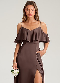 Azazie Jean Brudtärnklänningar Klä av A-Linje i Stretch Satin Av axeln Ganache image6