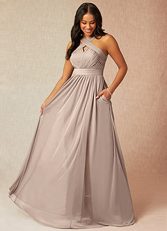 Azazie Hillian Bridesmaid Dresses Taupe A-Line Halter Pleated Mesh Dress image1